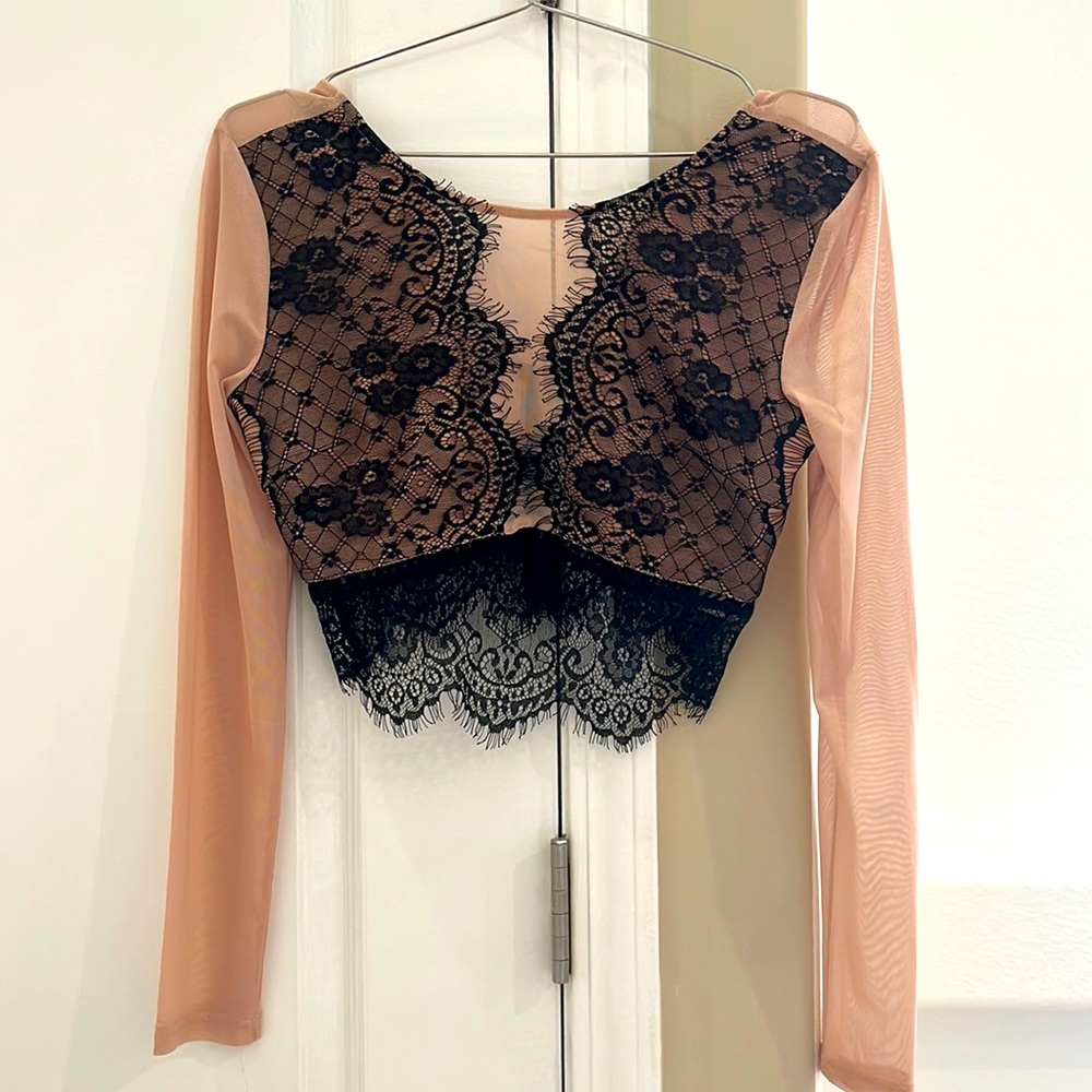Mesh Lace Crop Top! Never worn with tag Sexy sheer nude long sleeve w/Black Lace